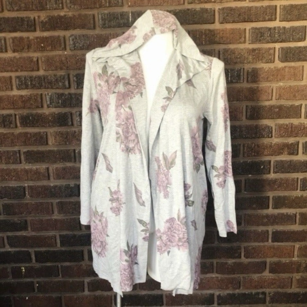 Rue 21 Gray Purple Floral Print‎ Hooded Cardigan Women's Medium
